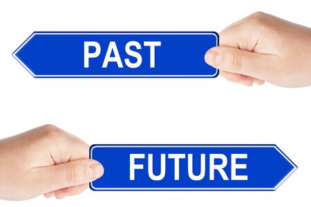 Past and Future traffic signs with hand on the white backgroundの写真素材
