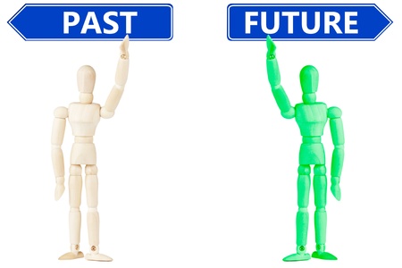 Past and Future traffic signs in dummy hand on the white background