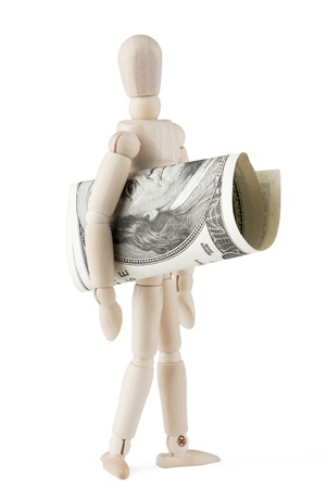 Dummy Manikin holds dollar bill on the white backgroundの写真素材