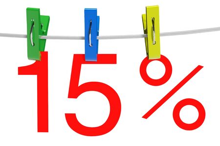 15 percent sale symbol with the clothespins on a white backgroundの写真素材