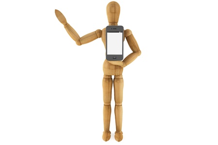 Wooden dummy with mobile smartphone on a white backgroundの写真素材