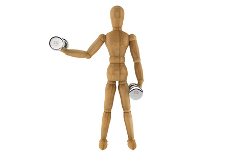 Sport concept. Wooden Dummy with Dumbbells on a white backgroundの写真素材