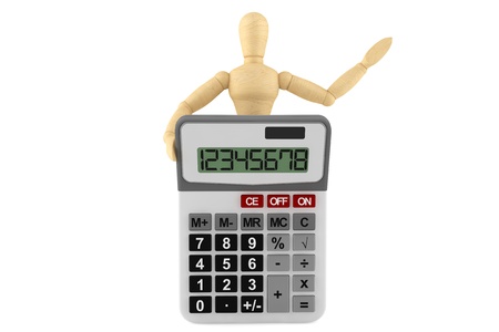 Wooden mannequin with the calculator on a white background の写真素材