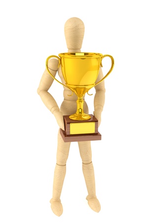 Wooden Dummy with Gold Trophy on a white backgroundの写真素材