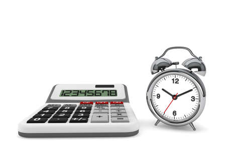 Time is Money Concept. Calculator and alarm clock on a white background