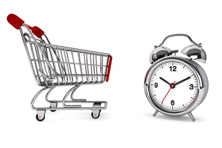 Shopping Cart with Alarm Clock on a white backgroundの写真素材