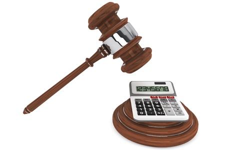 Justice Gavel with Calculator on a white backgroundの写真素材