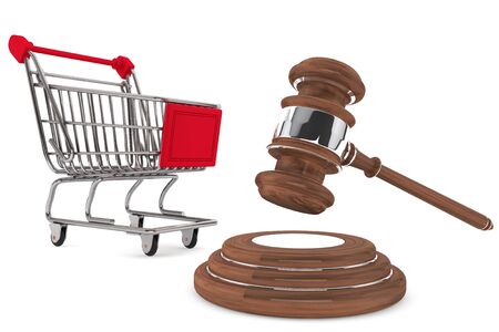 Justice Gavel with Shopping Cart on a white backgroundの写真素材