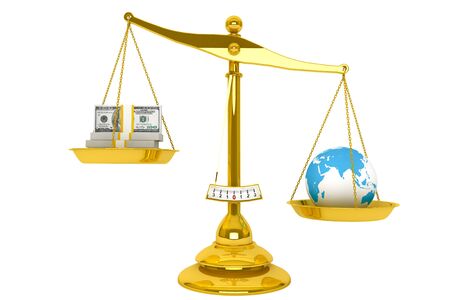 Safe the Earth. Ecology concept. Scale, Money and Globe on a white background の写真素材