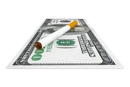 Expensive habit and No Smoking concept. Dollars banknotes with cigarette on a white backgroundの写真素材