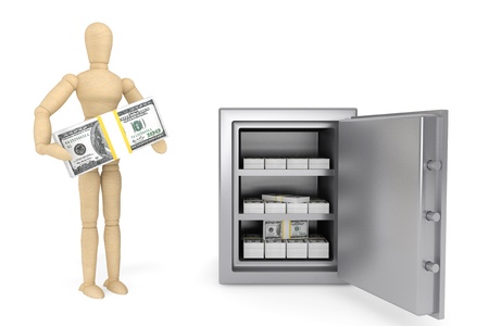 Banking concept. Wooden Dummy and bank safe on a white background