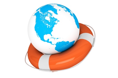 Life Buoy and Earth globe on a white backgroundの写真素材