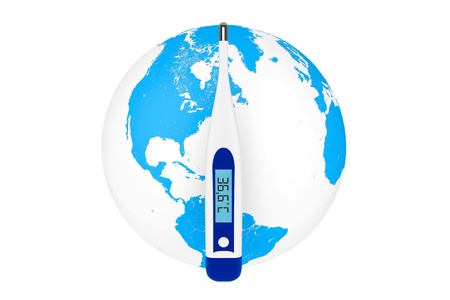 Global warming concept. Medical digital thermometer with Earth on a white backgroundの写真素材