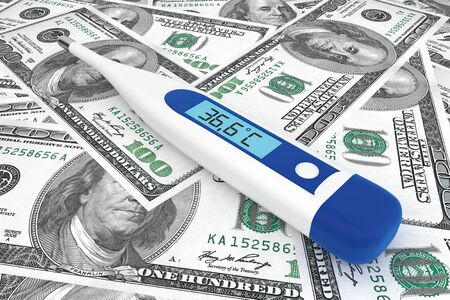 Health of money exchange market concept. Medical digital thermometer with money 