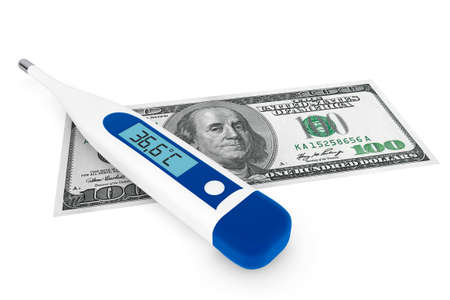 Health of money exchange market concept. Medical digital thermometer with money on a white...