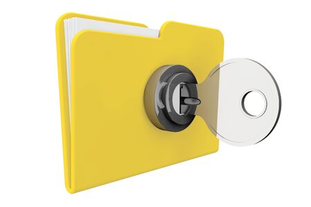 Yellow computer folder with key on a white backgroundの写真素材