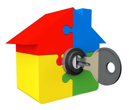 House from puzzle with key on a white backgroundの写真素材