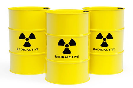 Yellow barrels with radioactive materials and warning sign on a white background