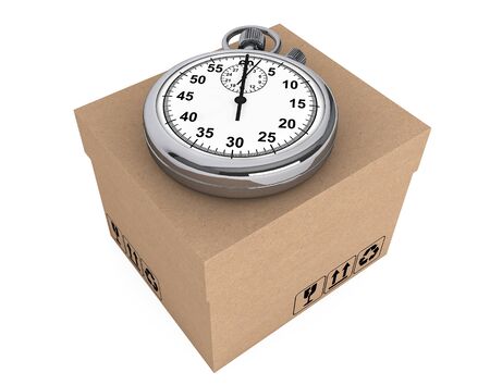 Logistic concept. Stopwatch and box on a white backgroundの写真素材