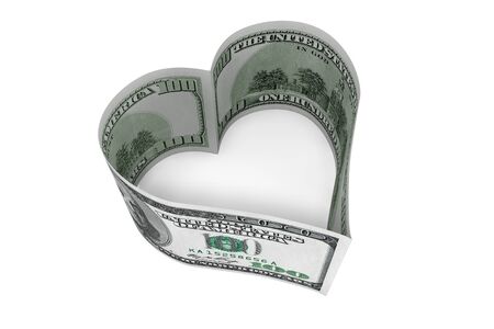 One hundred dollars bill as heart on a white backgroundの写真素材