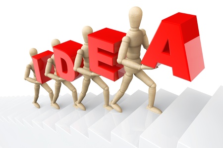 Dummies climbs the ladder with idea letters on a white backgroundの写真素材