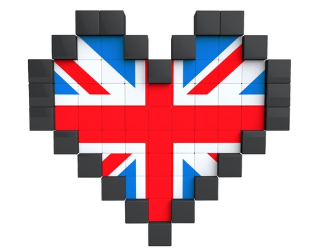 Pixel Heart as United Kingdom Flag on a white backgroundの写真素材