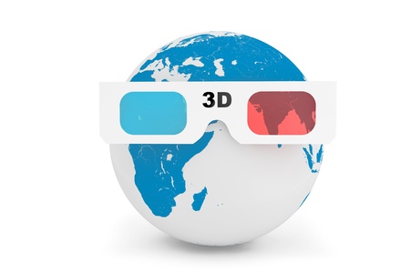 Earth globe with 3d glasses on a white background