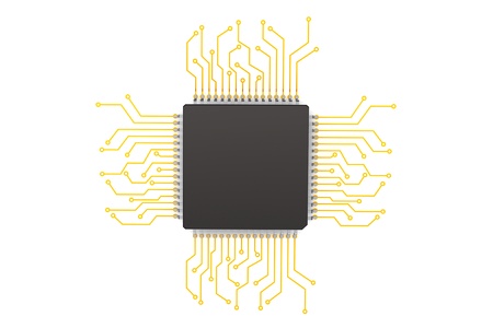 Microchip with circuit on a white background