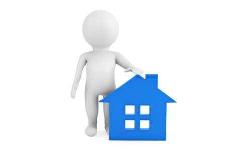 3d person standing near to the blue house on a white backgroundの写真素材