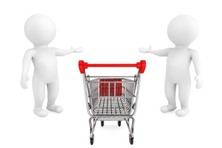 Welcome concept. Shopping Cart with 3d persons welcome and invites to marketの写真素材