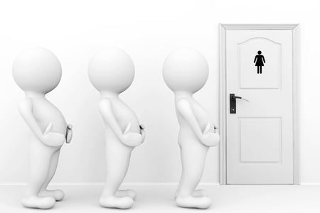 3d persons womans need a toilet waiting in front of restroom signの写真素材