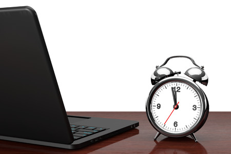 Modern Laptop with Alarm Clock on a white background