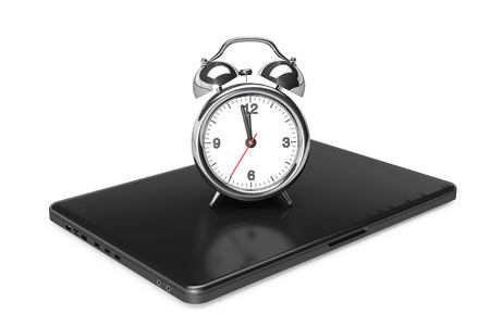 Modern Laptop with Alarm Clock on a white background