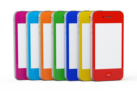 MultiColor plastic cases mobile phones on a white backgroundの写真素材
