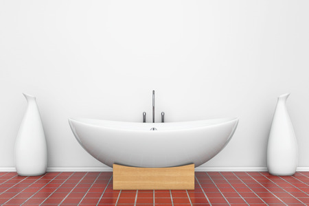 Modern white bathtube with vases in a bathroom
