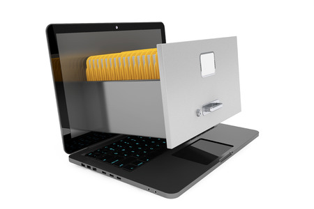 Modern laptop with file cabinet on a white backgroundの写真素材
