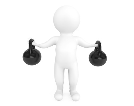 Fitness concept. 3d person with kettlebells on a white backgroundの写真素材