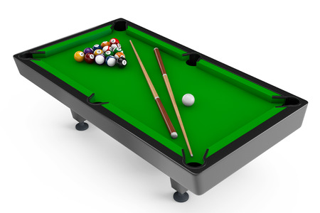 Billiard table with balls set and cues on a white background