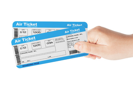 Fly air tickets holded by hand on a white background