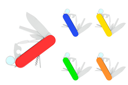 Multipurpose pocket knife. Military multicolour knifes on a white backgroundの写真素材
