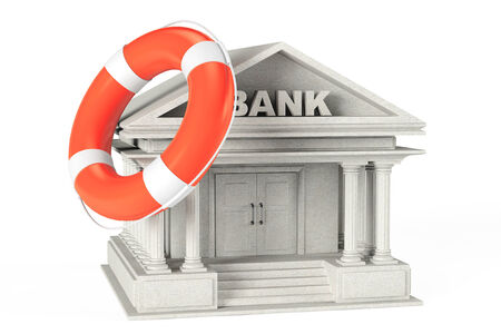 3d concrete Bank Building with Lifebuoy on a white backgroundの写真素材
