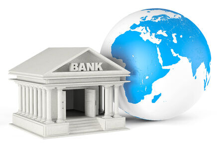 Bank Building with Earth Globe on a white backgroundの写真素材