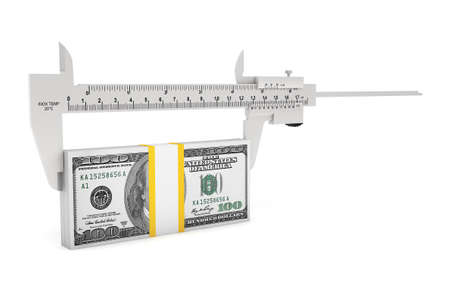 Metal vernier caliper with dollar notes on a white backgroundの写真素材