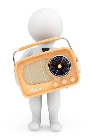3d person with vintage radio on a white backgroundの写真素材