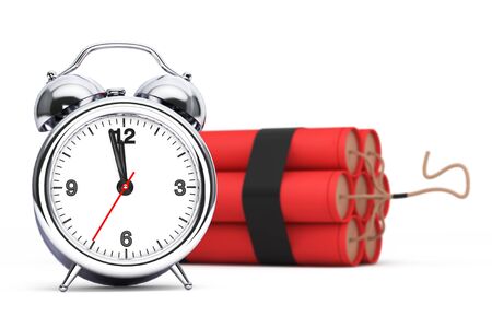 Dynamit with Alarm Clock Detonator on a white backgroundの写真素材