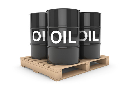 Black Oil Barrels over Wooden Pallet on a white backgroundの写真素材