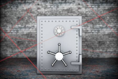 Safety concept. Steel Bank Safe with red beams from laser lightの写真素材
