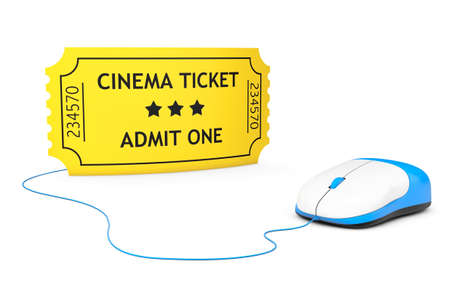 Yellow Cinema Ticket and computer mouse on a white backgroundの写真素材