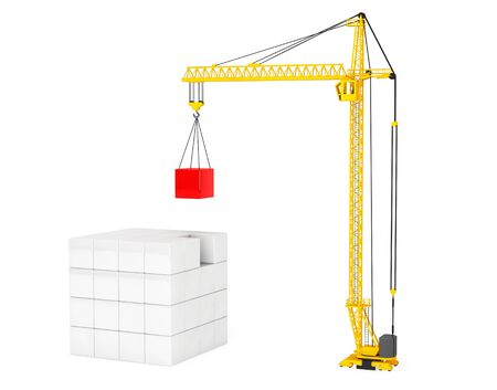 Construction of Cubes by Yellow Tower Crane on a white backgroundの写真素材