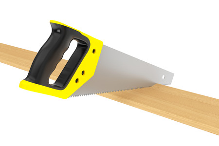 Hand Saw Tool and Wood Board on a white backgroundの写真素材